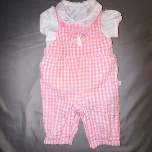 JoJo Maman Bebe Pink Seersucker Bunny Overalls & Cream Top Set Baby 0-3M NWOT